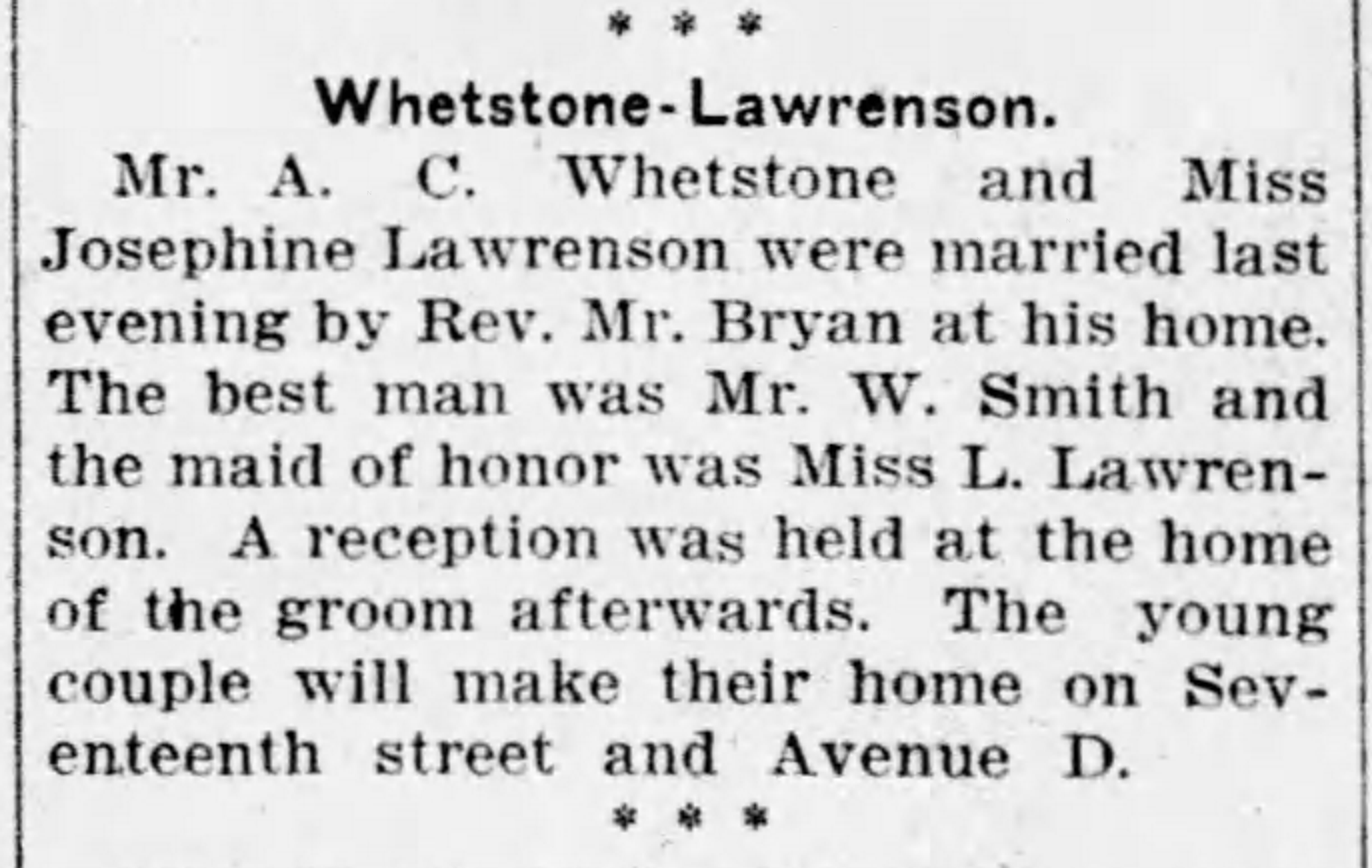 A.C. Whetstone-Josephine Lawrenson